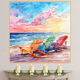 Watercolor Painting of Vibrant Rainbow Beach Chairs Facing Ocean Waves Beneath a Dramatic Sunset Sky on Ready to Hang 1.5" Thick Canvas Wrap, Floating Framed Canvas, Flat Rolled Canvas